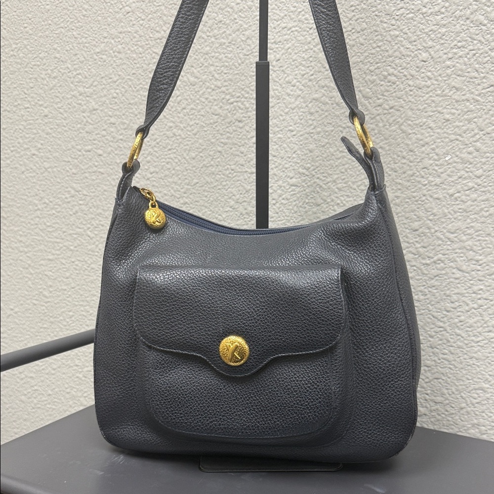 Paloma Picasso Charcoal Blue Hobo Shoulder Bag with Gold Accents